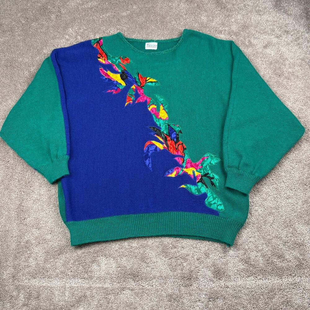Vtg Sue Brett Knit Sweater Size XL Abstract Applique Green Blue Multicolor Art